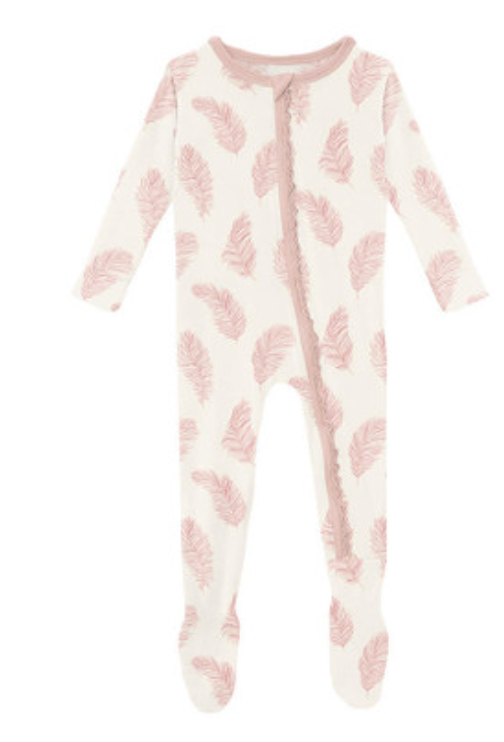 Kickee Pants Print Muffin Ruffle Footie with Zipper: Natural Feathers